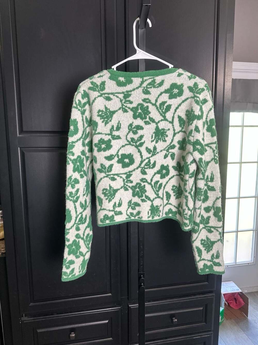 Zara Floral Jacquard Knit Cropped Cardigan Green White Size L #360 - Picture 3 of 3